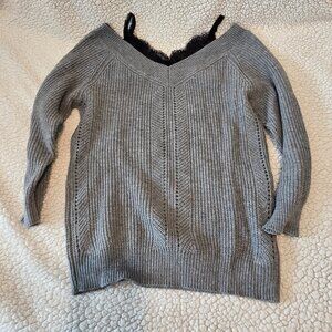 VENUS Grey Ribbed Knit V-Neck Sweater with Black Lace Cami Inset - Medium